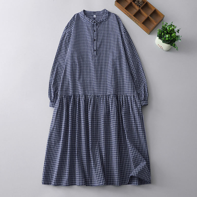 Buddha Stones Casual Plaid Buttons Lantern Long Sleeve Cotton Midi Dress - DarkBlue - US14，UK/AU18，EU46 (2XL) - image 12
