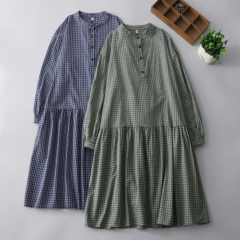 Buddha Stones Casual Plaid Buttons Lantern Long Sleeve Cotton Midi Dress - image 18