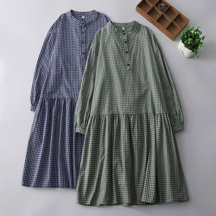 Buddha Stones Casual Plaid Buttons Lantern Long Sleeve Cotton Midi Dress - image 18