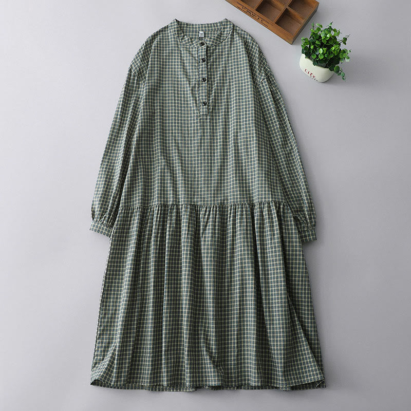 Buddha Stones Casual Plaid Buttons Lantern Long Sleeve Cotton Midi Dress - MediumSeaGreen - US14，UK/AU18，EU46 (2XL) - image 1