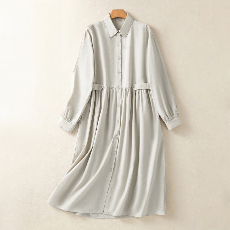 Buddha Stones Casual Plaid Pleats Buttons Design Long Sleeve Cotton Midi Dress With Pockets - Beige - US8-10，UK/AU12-14，EU40-42 (2XL) - image 1