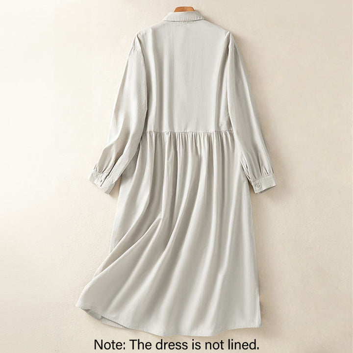 Buddha Stones Casual Plaid Pleats Buttons Design Long Sleeve Cotton Midi Dress With Pockets - image 2