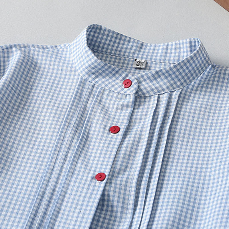 Buddha Stones Casual Plaid Pattern Long Lantern Sleeve Cotton Linen Midi Dress With Pockets - image 2