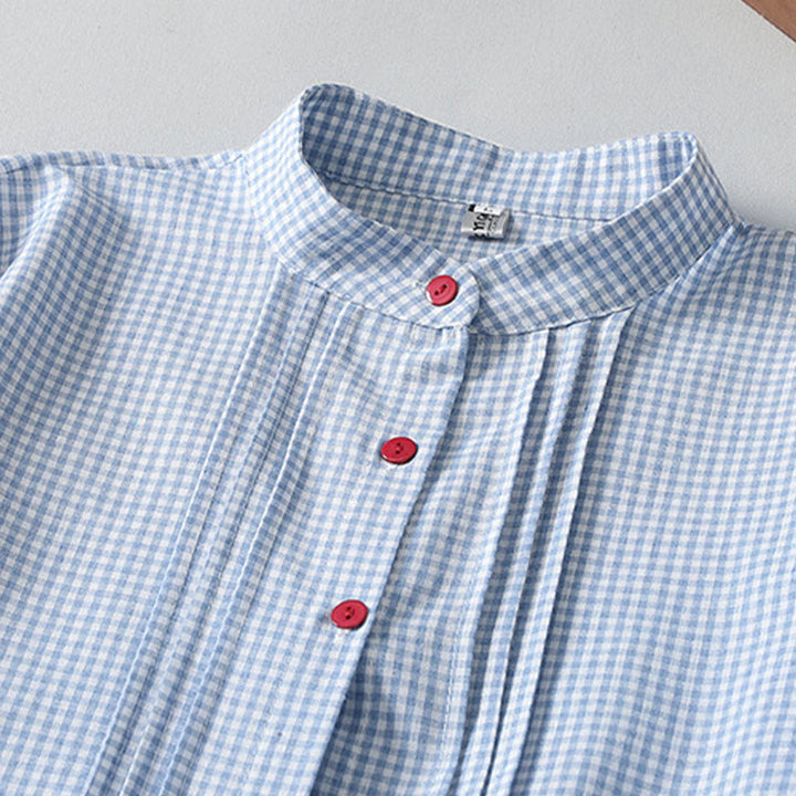 Buddha Stones Casual Plaid Pattern Long Lantern Sleeve Cotton Linen Midi Dress With Pockets - image 2