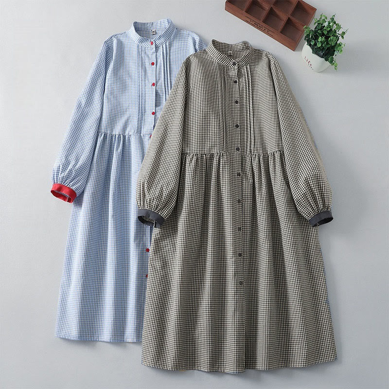 Buddha Stones Casual Plaid Pattern Long Lantern Sleeve Cotton Linen Midi Dress With Pockets - image 16