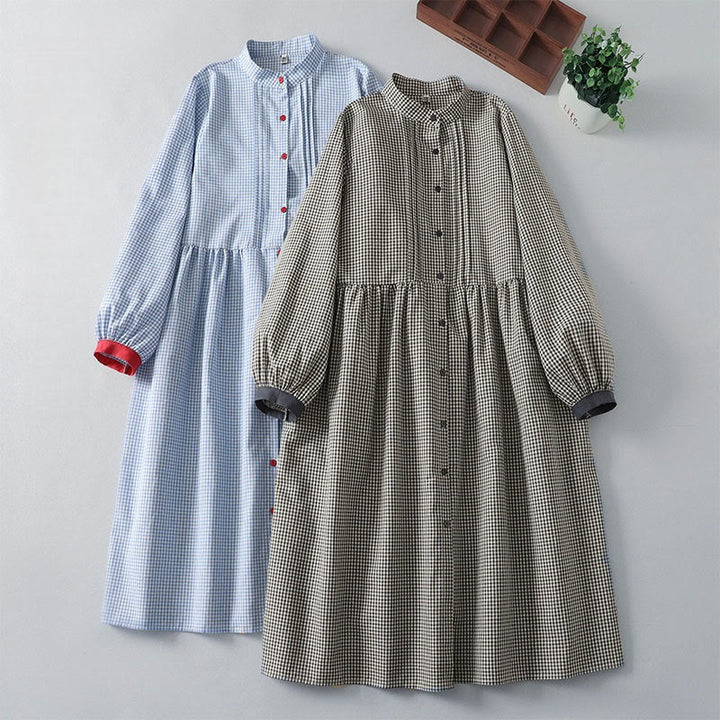 Buddha Stones Casual Plaid Pattern Long Lantern Sleeve Cotton Linen Midi Dress With Pockets - image 16