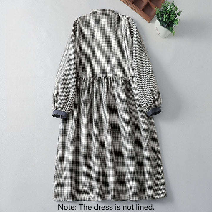 Buddha Stones Casual Plaid Pattern Long Lantern Sleeve Cotton Linen Midi Dress With Pockets - image 7