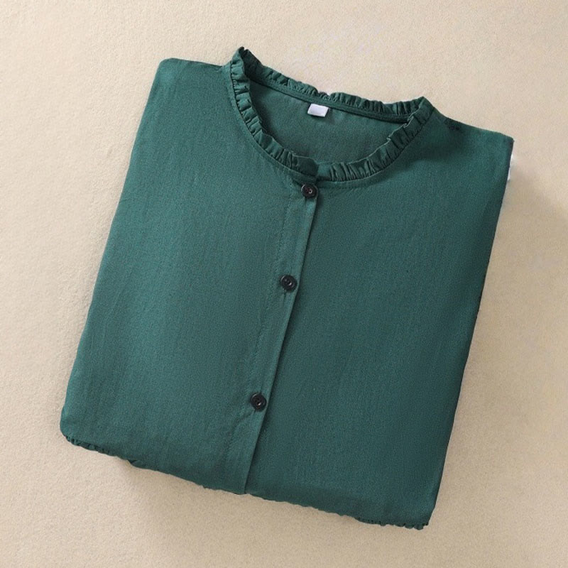 Buddha Stones DarkGreen Plain Ruffled Crew Neck Buttons Design Cotton Midi Dress With Pockets - image 12