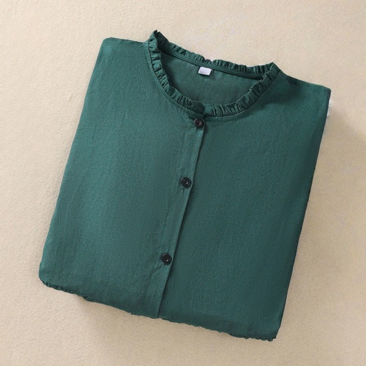 Buddha Stones DarkGreen Plain Ruffled Crew Neck Buttons Design Cotton Midi Dress With Pockets - image 12