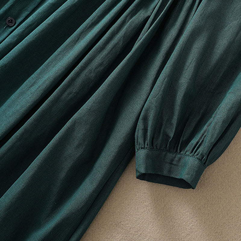 Buddha Stones DarkGreen Plain Ruffled Crew Neck Buttons Design Cotton Midi Dress With Pockets - image 9