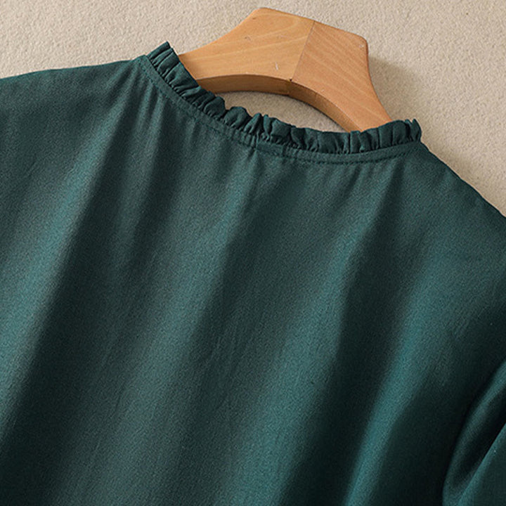 Buddha Stones DarkGreen Plain Ruffled Crew Neck Buttons Design Cotton Midi Dress With Pockets - image 5
