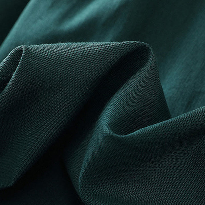 Buddha Stones DarkGreen Plain Ruffled Crew Neck Buttons Design Cotton Midi Dress With Pockets - image 8