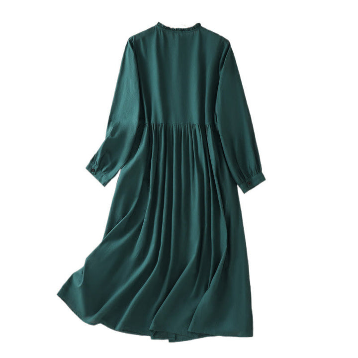 Buddha Stones DarkGreen Plain Ruffled Crew Neck Buttons Design Cotton Midi Dress With Pockets - image 14