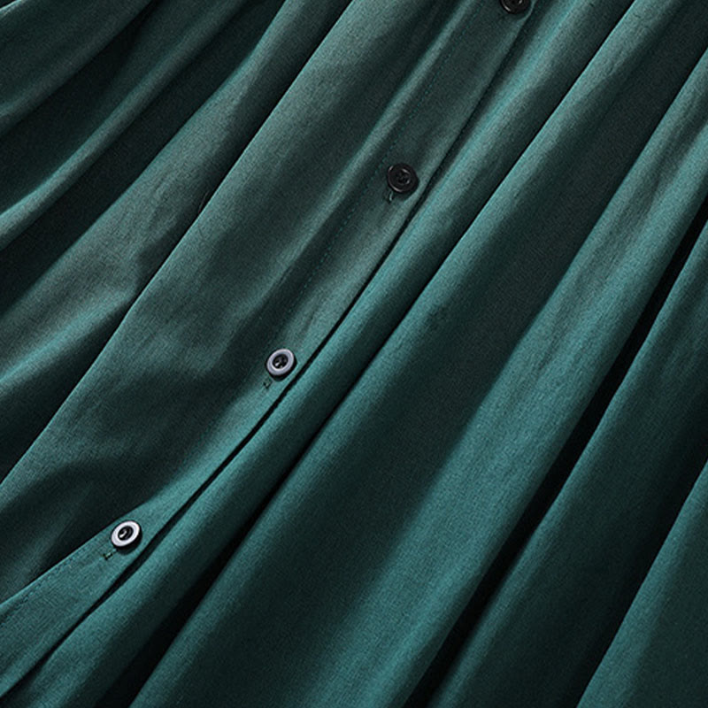 Buddha Stones DarkGreen Plain Ruffled Crew Neck Buttons Design Cotton Midi Dress With Pockets - image 7
