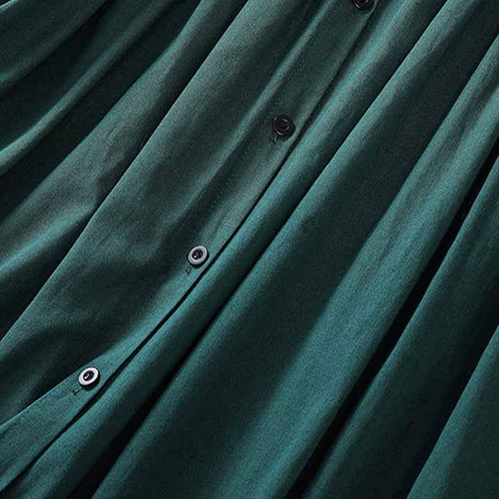 Buddha Stones DarkGreen Plain Ruffled Crew Neck Buttons Design Cotton Midi Dress With Pockets - image 7