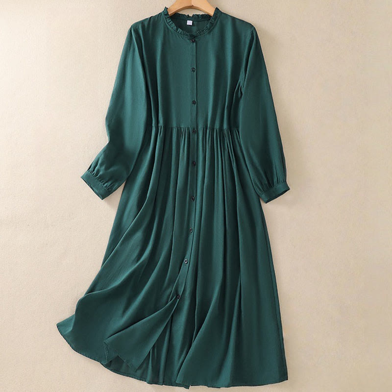 Buddha Stones DarkGreen Plain Ruffled Crew Neck Buttons Design Cotton Midi Dress With Pockets - DarkGreen - US8-10，UK/AU12-14，EU40-42 (2XL) - image 1