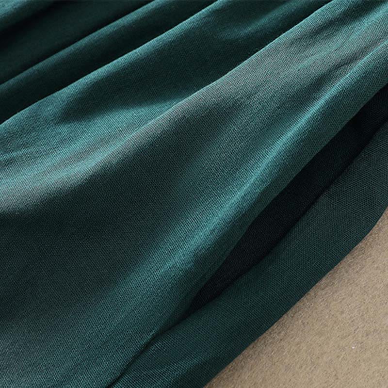 Buddha Stones DarkGreen Plain Ruffled Crew Neck Buttons Design Cotton Midi Dress With Pockets - image 11