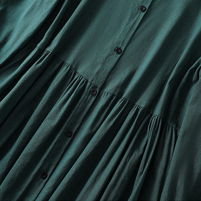 Buddha Stones DarkGreen Plain Ruffled Crew Neck Buttons Design Cotton Midi Dress With Pockets - image 6