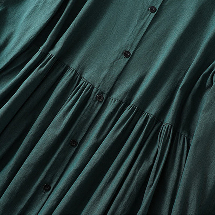 Buddha Stones DarkGreen Plain Ruffled Crew Neck Buttons Design Cotton Midi Dress With Pockets - image 6