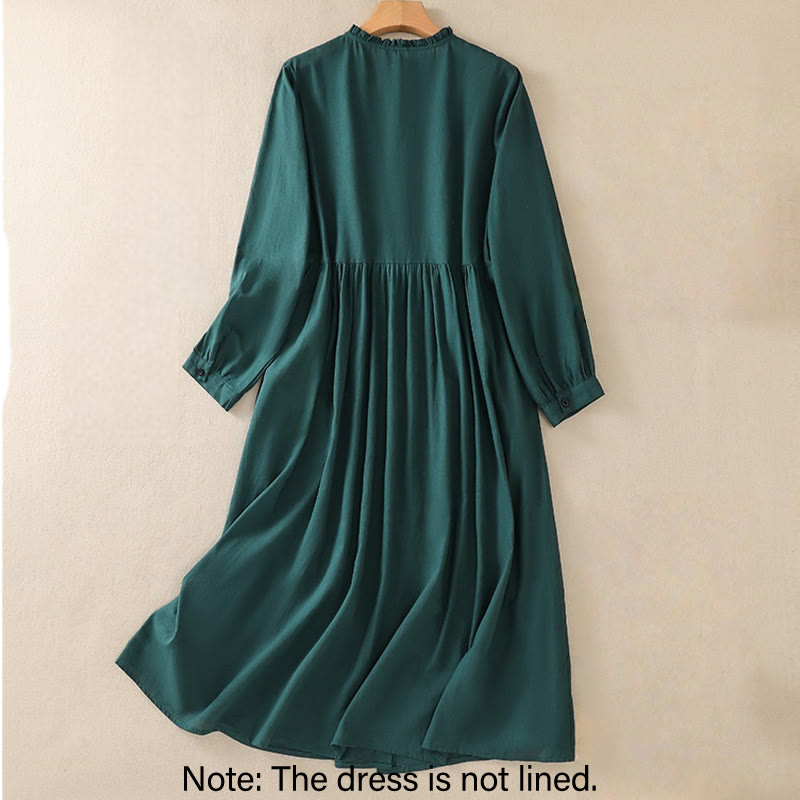 Buddha Stones DarkGreen Plain Ruffled Crew Neck Buttons Design Cotton Midi Dress With Pockets - image 2