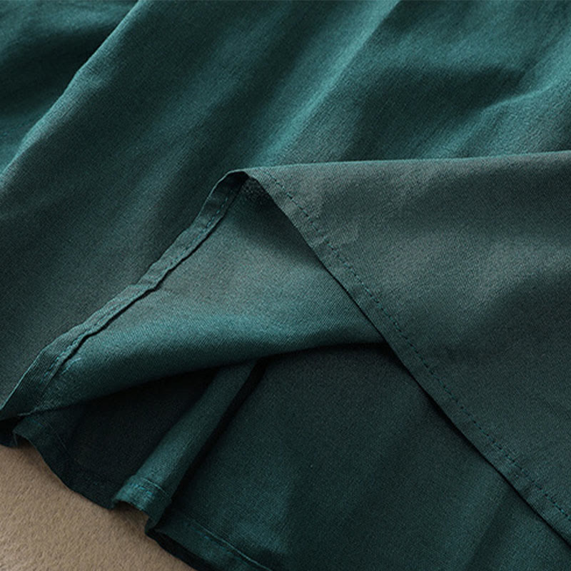 Buddha Stones DarkGreen Plain Ruffled Crew Neck Buttons Design Cotton Midi Dress With Pockets - image 10