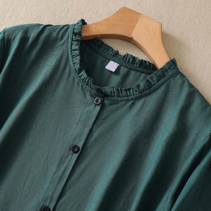 Buddha Stones DarkGreen Plain Ruffled Crew Neck Buttons Design Cotton Midi Dress With Pockets - image 3