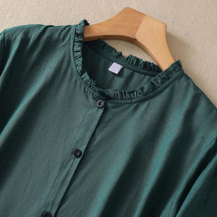Buddha Stones DarkGreen Plain Ruffled Crew Neck Buttons Design Cotton Midi Dress With Pockets - image 3