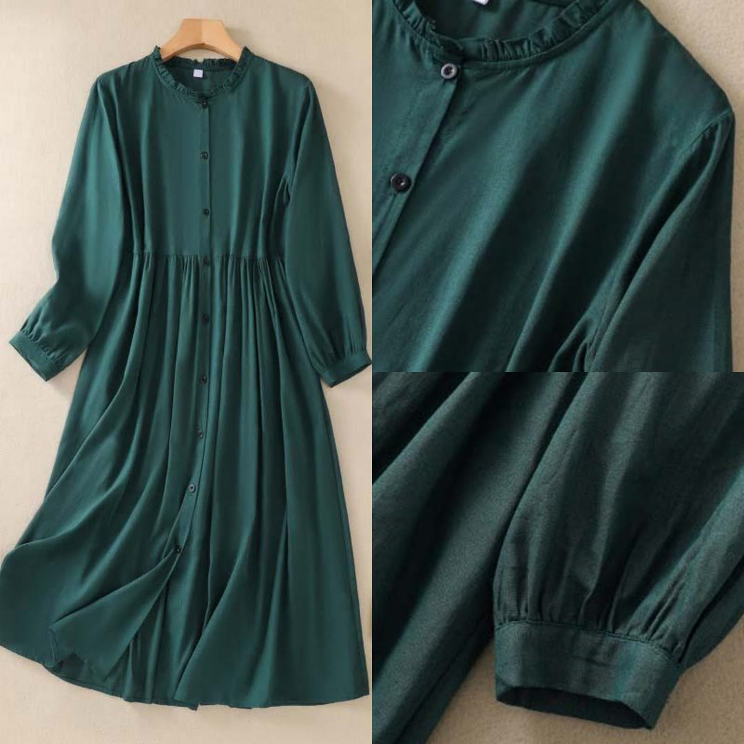 Buddha Stones DarkGreen Plain Ruffled Crew Neck Buttons Design Cotton Midi Dress With Pockets - image 13