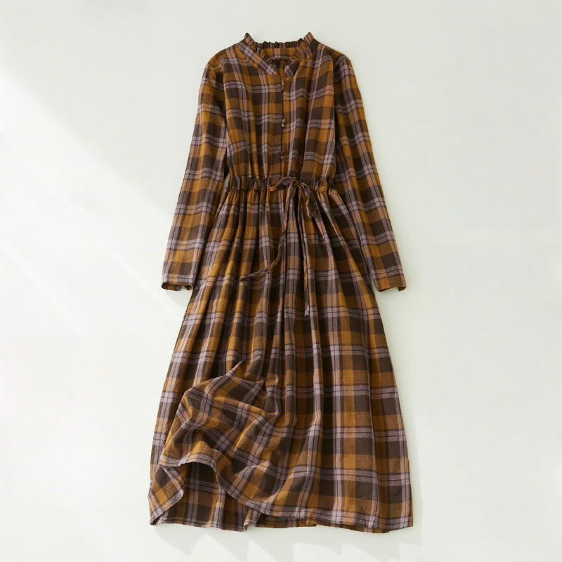 Buddha Stones Vintage Plaid Ruffled V-Neck Drawstring Cotton Linen Midi Dress With Pockets - DarkGoldenrod - US8-10，UK/AU12-14，EU40-42 (2XL) - image 1