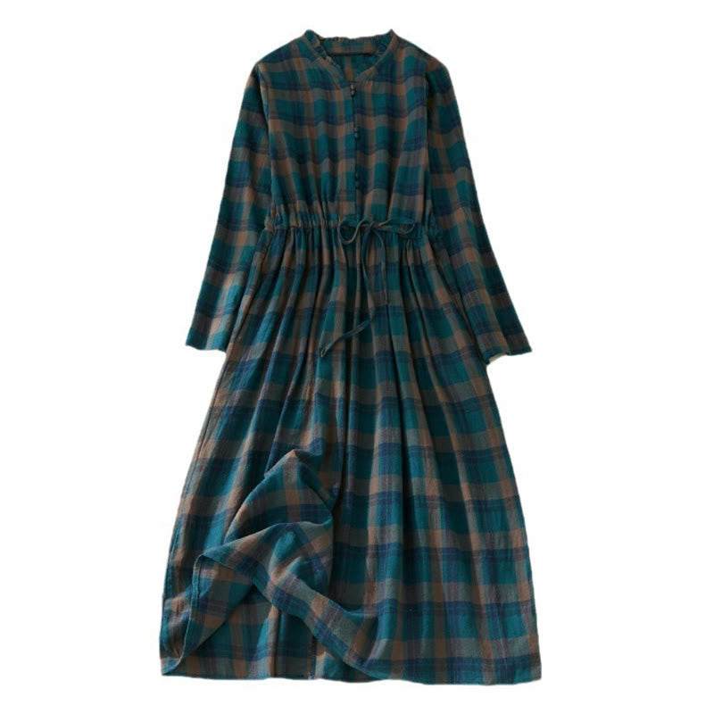 Buddha Stones Plaid Ruffled V-Neck Long Sleeve Drawstring Cotton Linen Midi Dress With Pockets - image 8