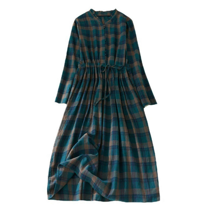 Buddha Stones Plaid Ruffled V-Neck Long Sleeve Drawstring Cotton Linen Midi Dress With Pockets - image 8