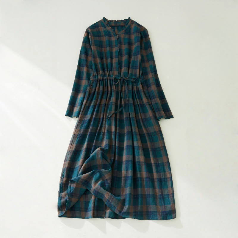 Buddha Stones Plaid Ruffled V-Neck Long Sleeve Drawstring Cotton Linen Midi Dress With Pockets - DarkCyan - US8-10，UK/AU12-14，EU40-42 (2XL) - image 3
