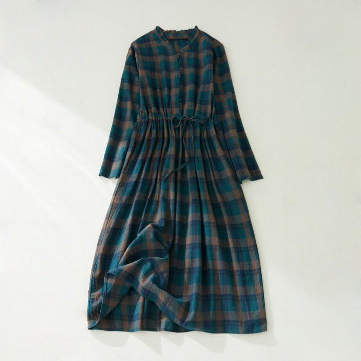 Buddha Stones Plaid Ruffled V-Neck Long Sleeve Drawstring Cotton Linen Midi Dress With Pockets - DarkCyan - US8-10，UK/AU12-14，EU40-42 (2XL) - image 3
