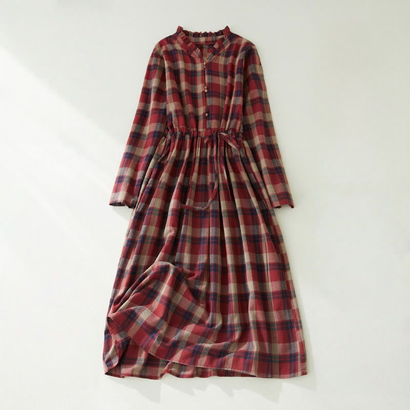 Buddha Stones Plaid Ruffled V-Neck Long Sleeve Drawstring Cotton Linen Midi Dress With Pockets - Crimson - US8-10，UK/AU12-14，EU40-42 (2XL) - image 9
