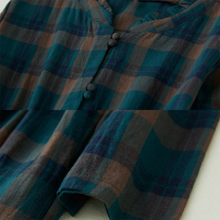 Buddha Stones Plaid Ruffled V-Neck Long Sleeve Drawstring Cotton Linen Midi Dress With Pockets - image 6
