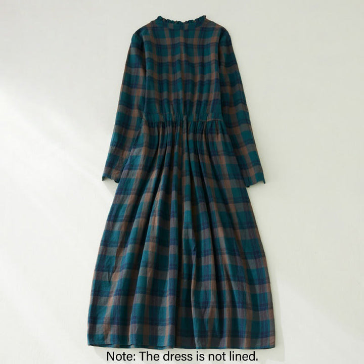 Buddha Stones Plaid Ruffled V-Neck Long Sleeve Drawstring Cotton Linen Midi Dress With Pockets - image 4