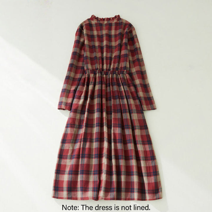 Buddha Stones Plaid Ruffled V-Neck Long Sleeve Drawstring Cotton Linen Midi Dress With Pockets - image 10