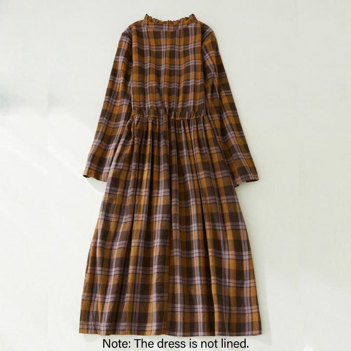 Buddha Stones Plaid Ruffled V-Neck Long Sleeve Drawstring Cotton Linen Midi Dress With Pockets - image 2