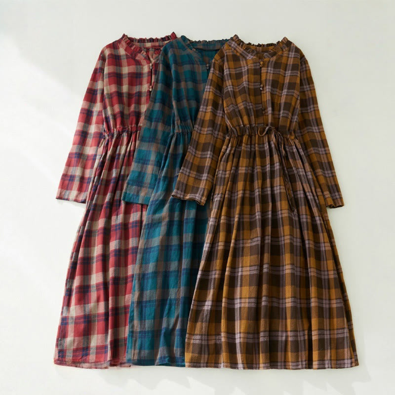 Buddha Stones Plaid Ruffled V-Neck Long Sleeve Drawstring Cotton Linen Midi Dress With Pockets - image 11