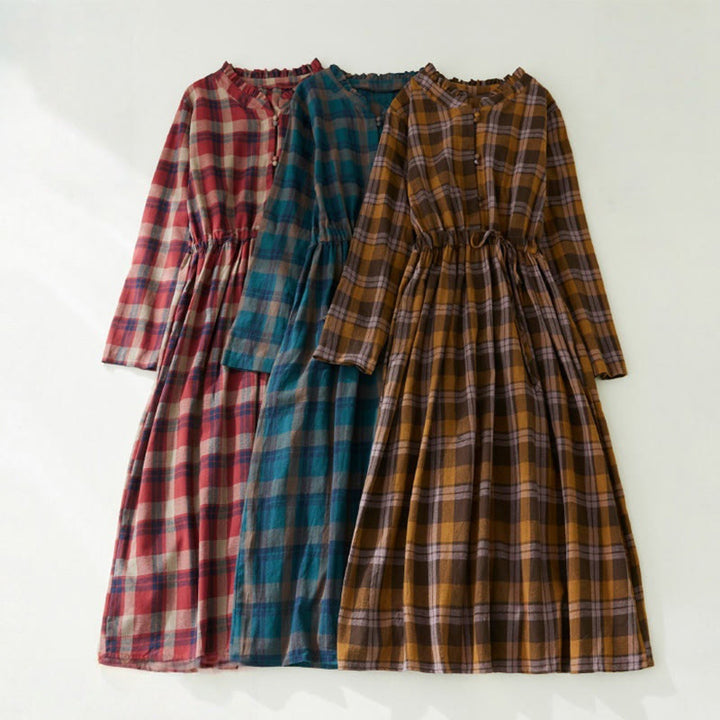 Buddha Stones Plaid Ruffled V-Neck Long Sleeve Drawstring Cotton Linen Midi Dress With Pockets - image 11
