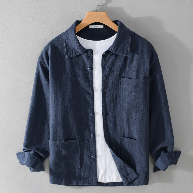 Buddha Stones Commute Men's Plain Buttons Design Cotton Linen Long Sleeve Shirt With Pockets - DarkBlue - US/UK/AU42，EU52 (3XL) - image 13