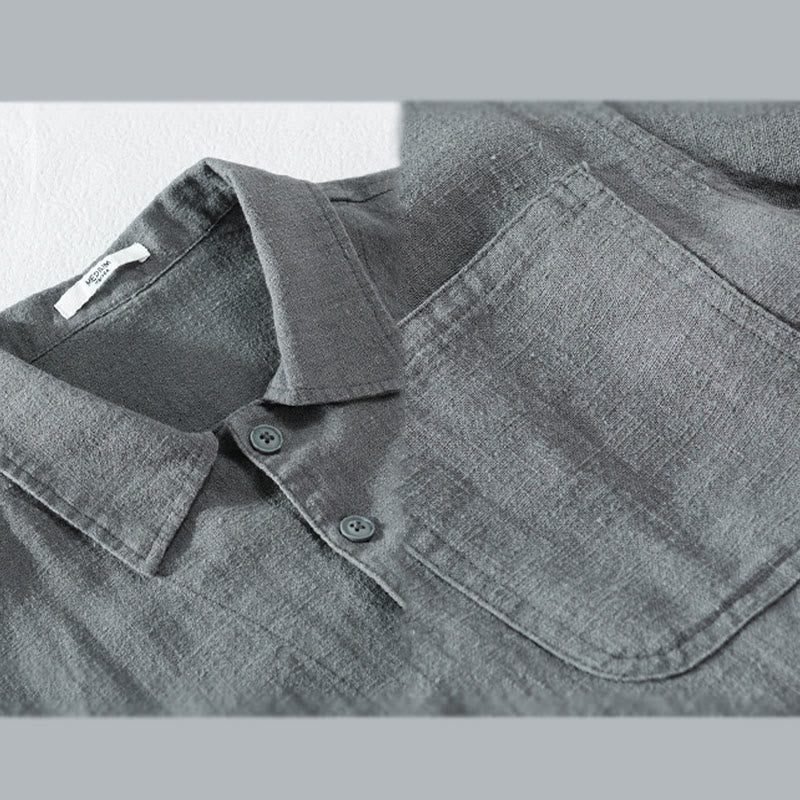 Buddha Stones Commute Men's Plain Buttons Design Cotton Linen Long Sleeve Shirt With Pockets - image 12