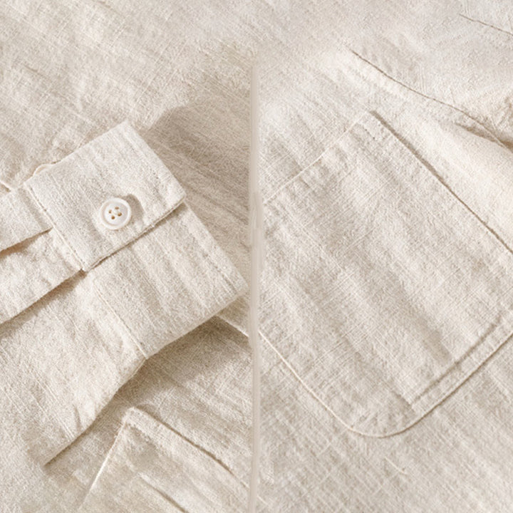 Buddha Stones Commute Men's Plain Buttons Design Cotton Linen Long Sleeve Shirt With Pockets - image 8