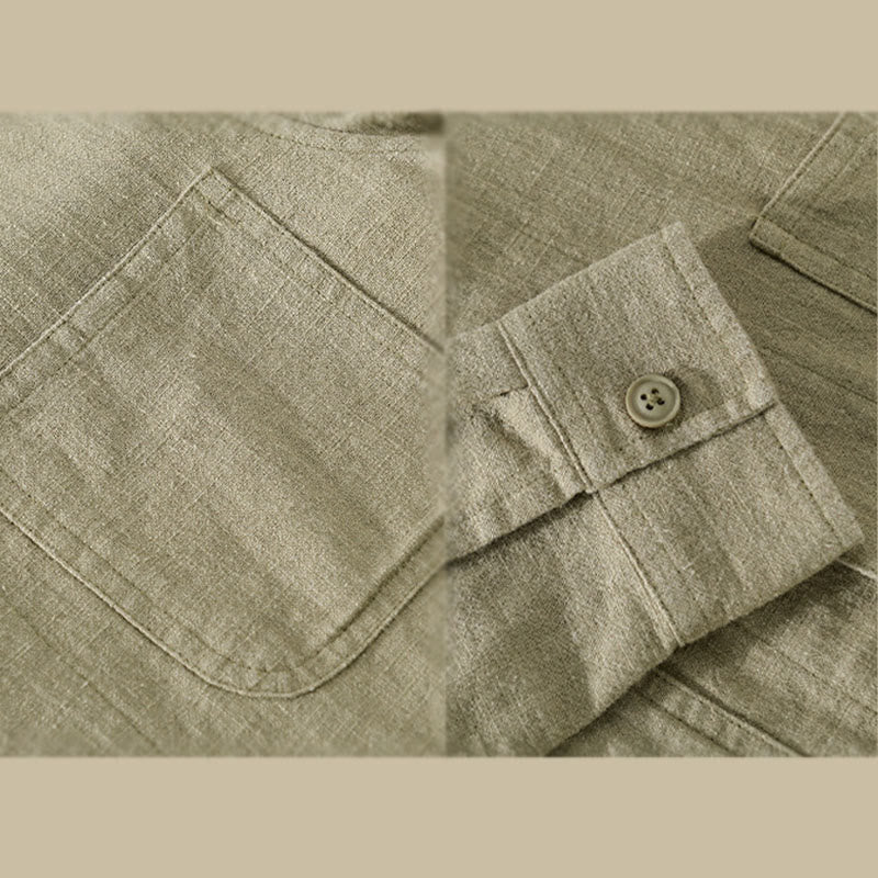 Buddha Stones Commute Men's Plain Buttons Design Cotton Linen Long Sleeve Shirt With Pockets - image 19