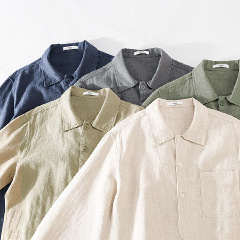 Buddha Stones Commute Men's Plain Buttons Design Cotton Linen Long Sleeve Shirt With Pockets - image 23