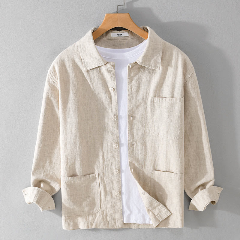 Buddha Stones Commute Men's Plain Buttons Design Cotton Linen Long Sleeve Shirt With Pockets - Beige - US/UK/AU42，EU52 (3XL) - image 5