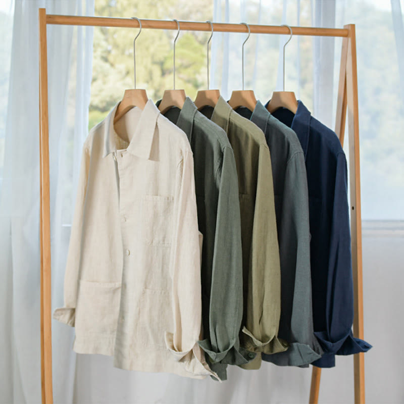 Buddha Stones Commute Men's Plain Buttons Design Cotton Linen Long Sleeve Shirt With Pockets - image 27