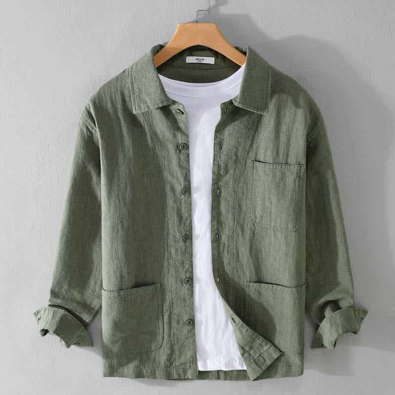 Buddha Stones Commute Men's Plain Buttons Design Cotton Linen Long Sleeve Shirt With Pockets - MediumSeaGreen - US/UK/AU42，EU52 (3XL) - image 1