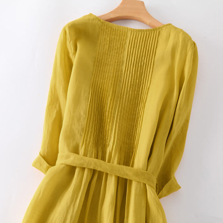 Buddha Stones Casual Lace-up Plain Crew Neck Half Sleeve Cotton Midi Dress With Pockets - image 8