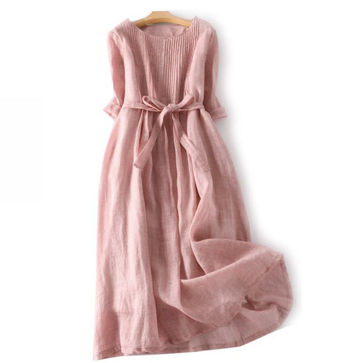 Buddha Stones Casual Lace-up Plain Crew Neck Half Sleeve Midi Dress With Pockets - LightPink - US12，UK/AU16，EU44 (3XL) - image 0